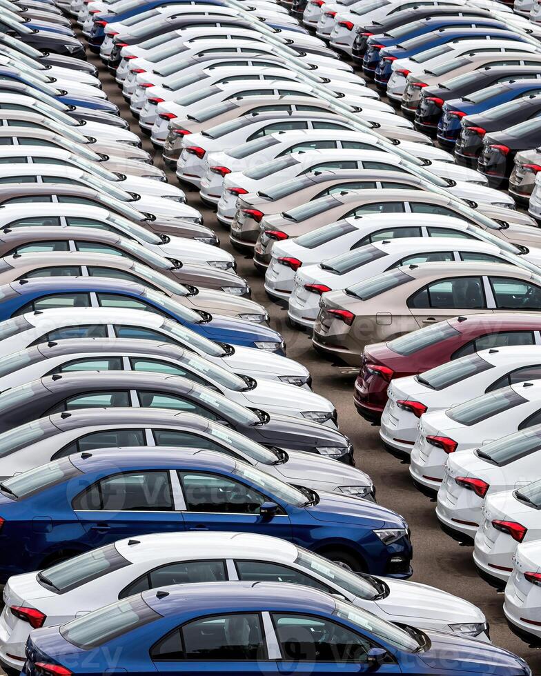 Rows of a new cars parked in a distribution center of a car factory. photo