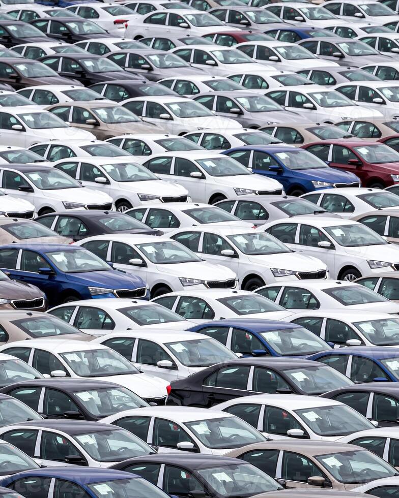 Rows of a new cars parked in a distribution center of a car factory. photo
