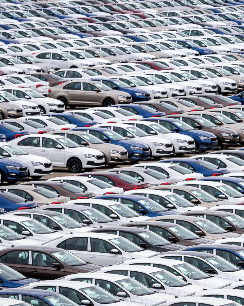 Rows of a new cars parked in a distribution center of a car factory. photo