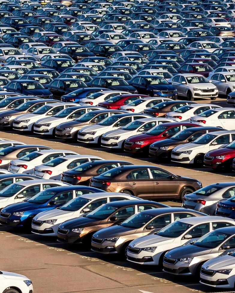 Volkswagen Group Rus, Russia, Kaluga - MAY 25, 2020 Rows of a new cars parked in a distribution center on a sunny day in the spring photo
