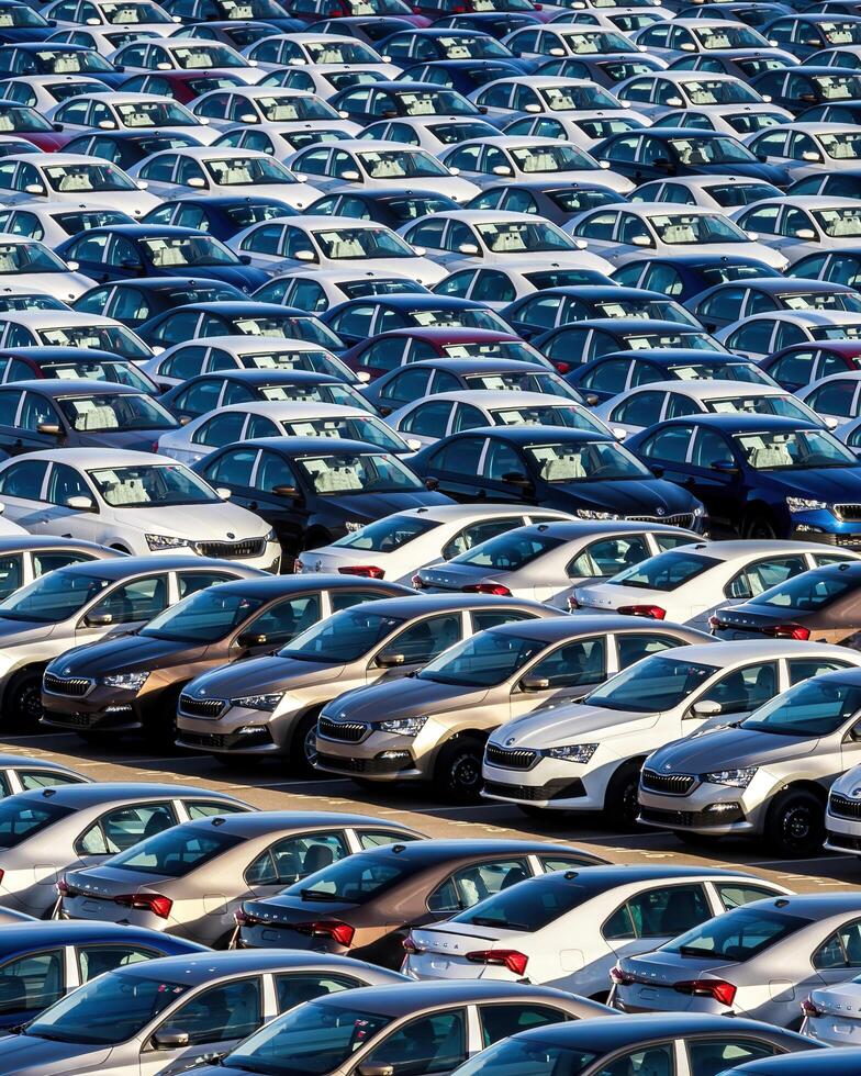 Volkswagen Group Rus, Russia, Kaluga - MAY 25, 2020 Rows of a new cars parked in a distribution center on a sunny day in the spring photo