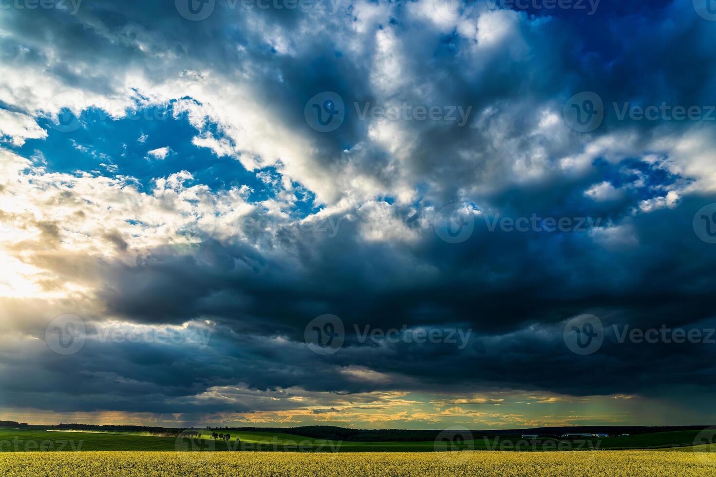 The sun breaking through storm clouds in a flowering rapeseed field. photo