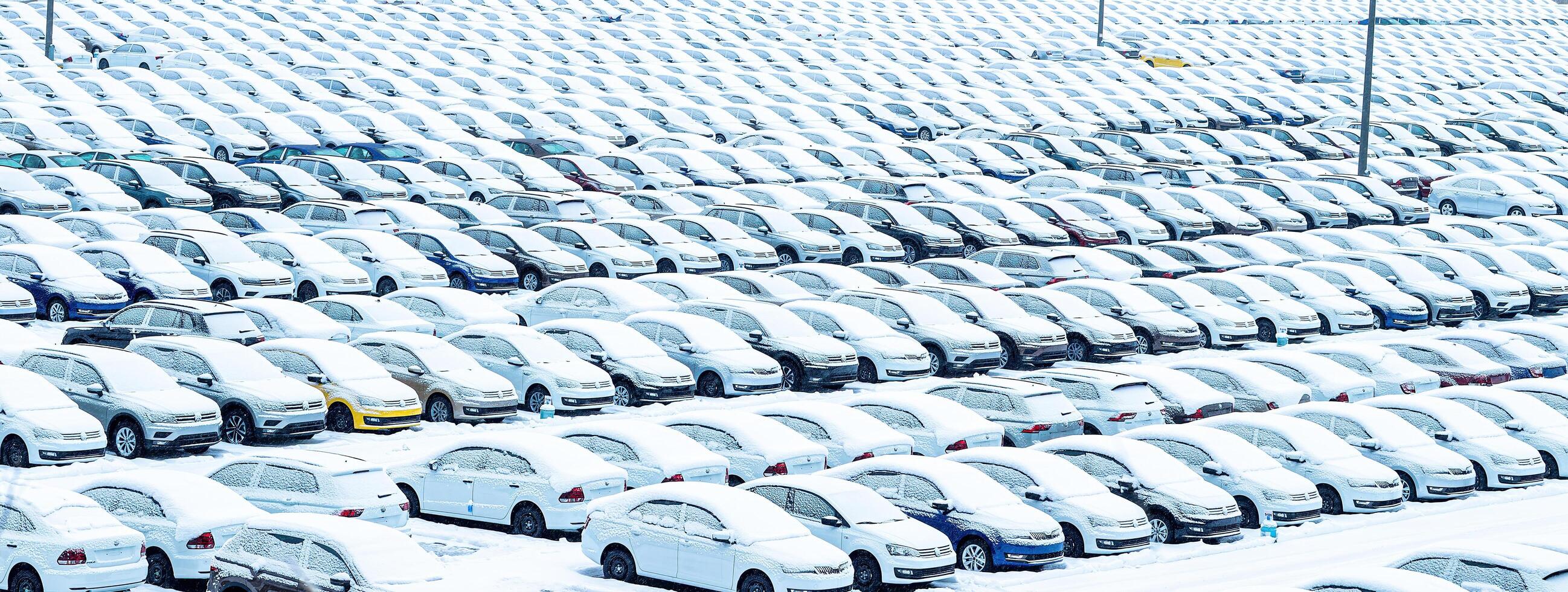 Volkswagen, Russia, Kaluga - NOVEMBER 11, 2022 New cars covered with a snow and parked in a distribution center, a car factory. photo