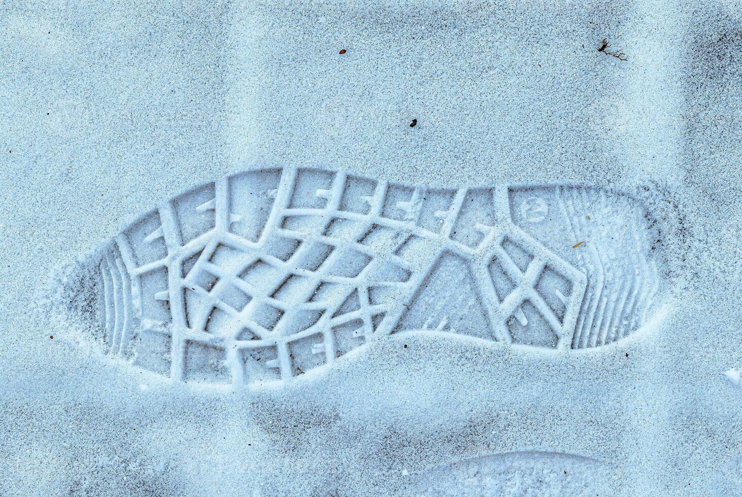 Boot track on thin first snow in winter. photo