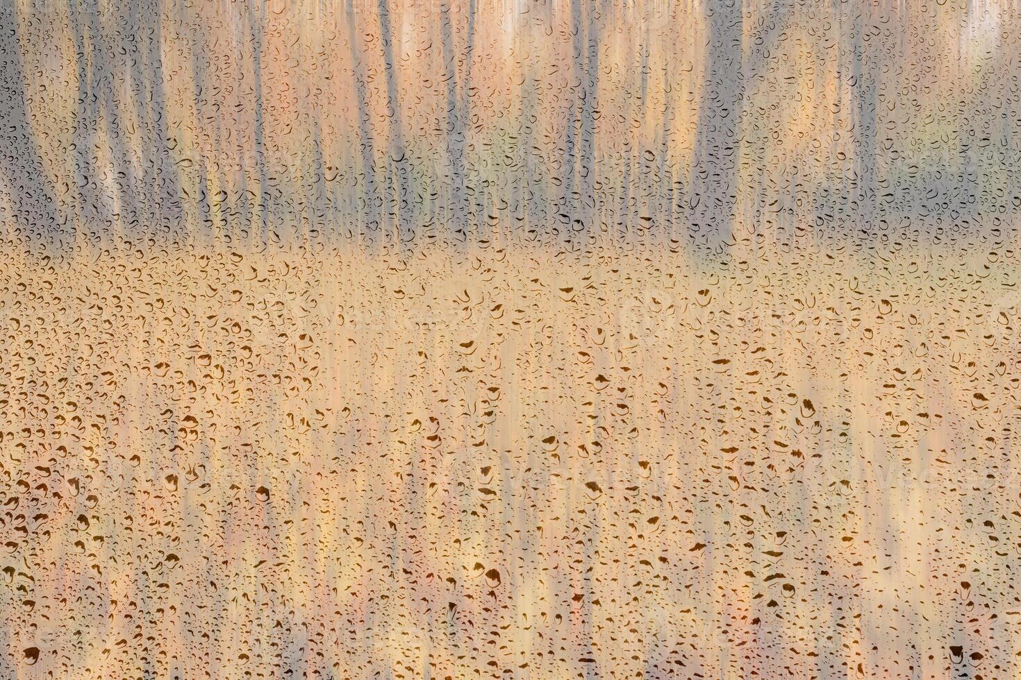 Day park with yellow maple leaves, pavement and benches behind wet rainy glass in golden autumn. The concept of bad weather, change of season and leaf fall. Abstract landscape. photo