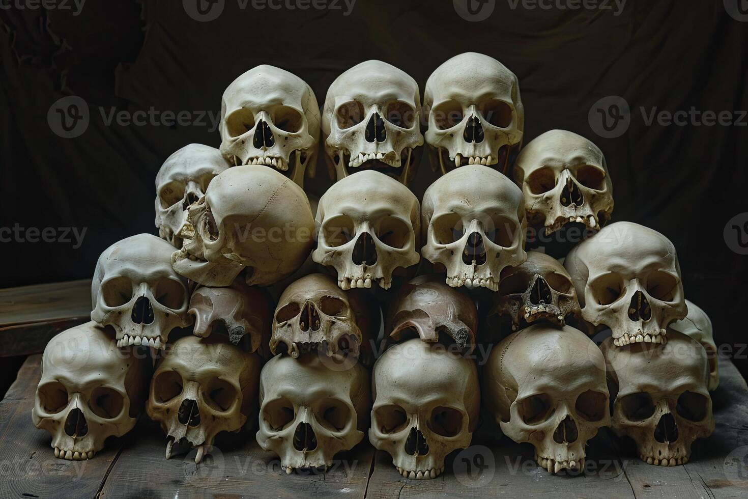 Dark still life of harmonious reflection with skulls and bones. Artistic composition. photo