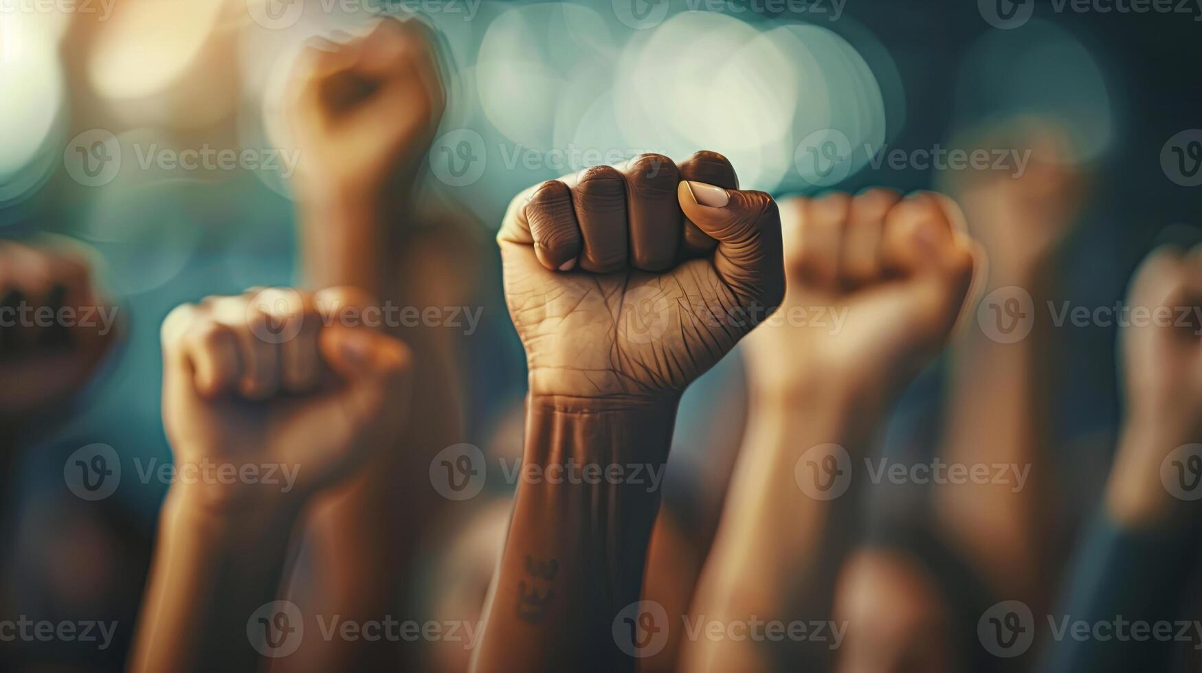 Illustration depicting multi-ethnic fists raised in protest, signifying social unrest. photo