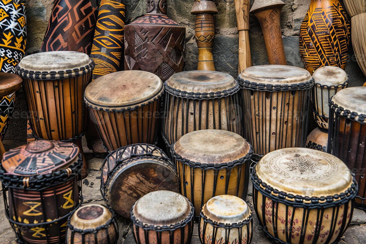Vivid portrayal of African musical heritage. Authentic instruments photo. photo