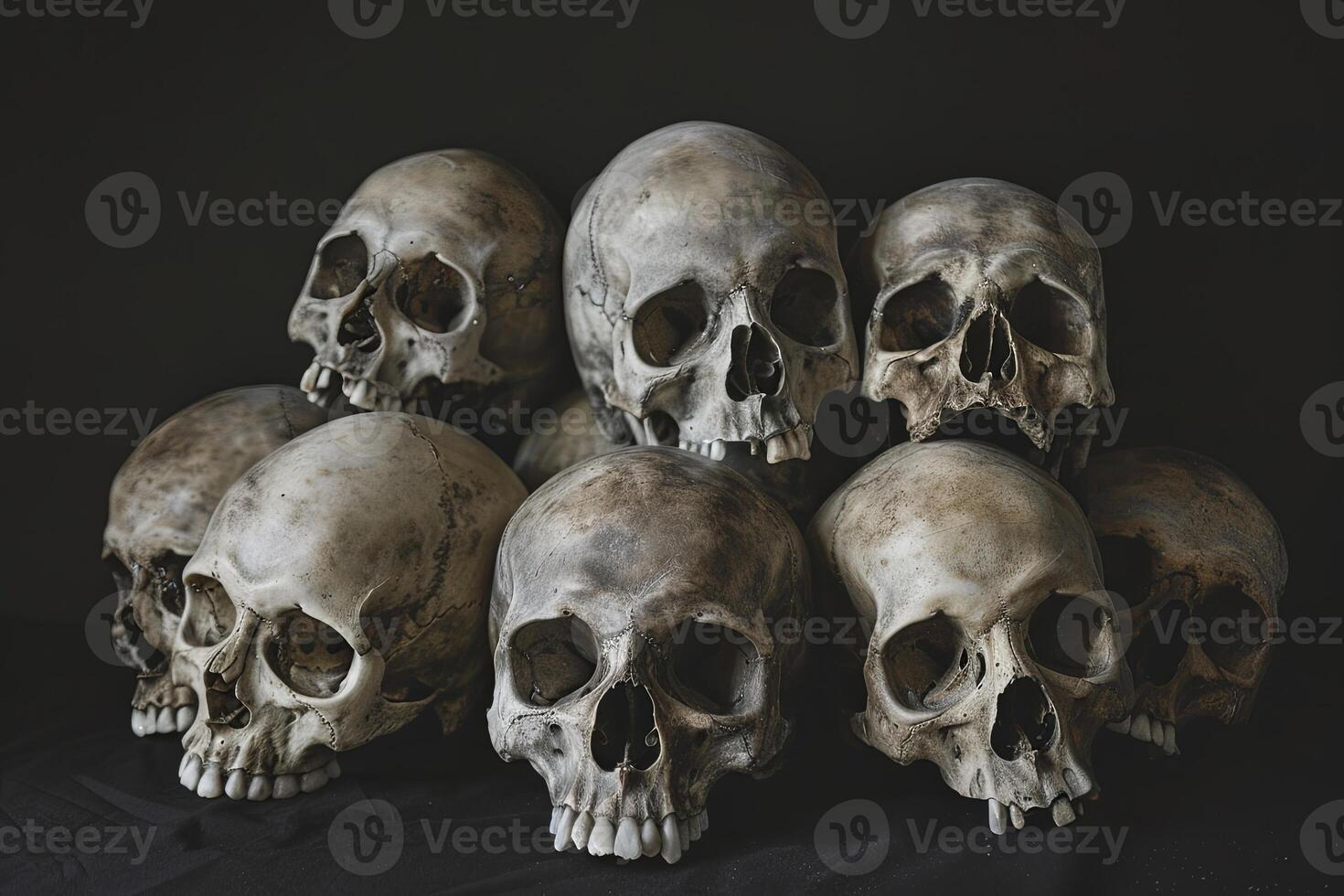 Harmonious reflection still life of balanced skulls and bones. Dark artistic concept. photo