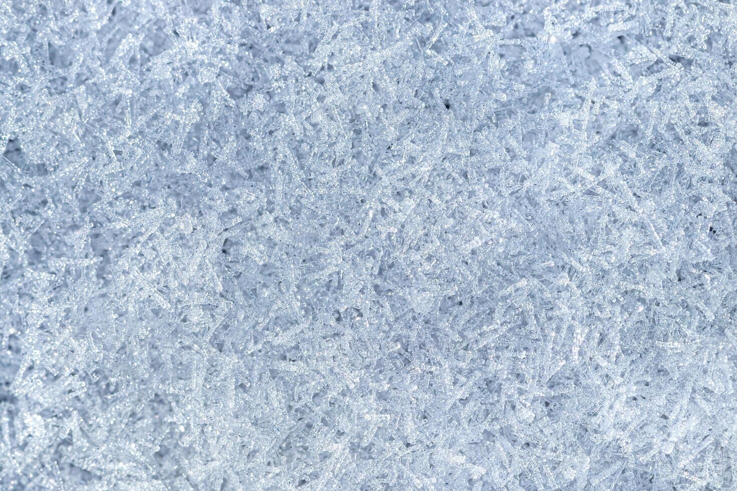 Top view of snow crystals illuminated by sunlight. Winter background. photo