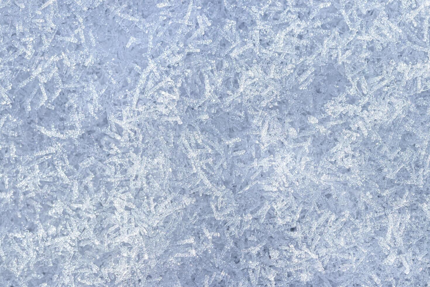 Top view of snow crystals illuminated by sunlight. Winter background. photo