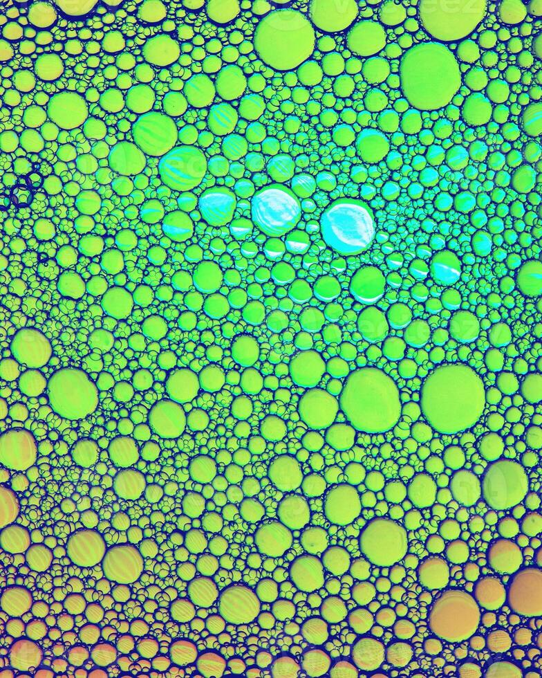 Top view on colorful drops of oil on the water. Circles and ovals. photo