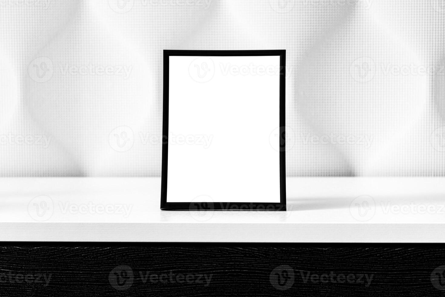 White wooden floor and black photo frame with copy space for a text background. Mock up.