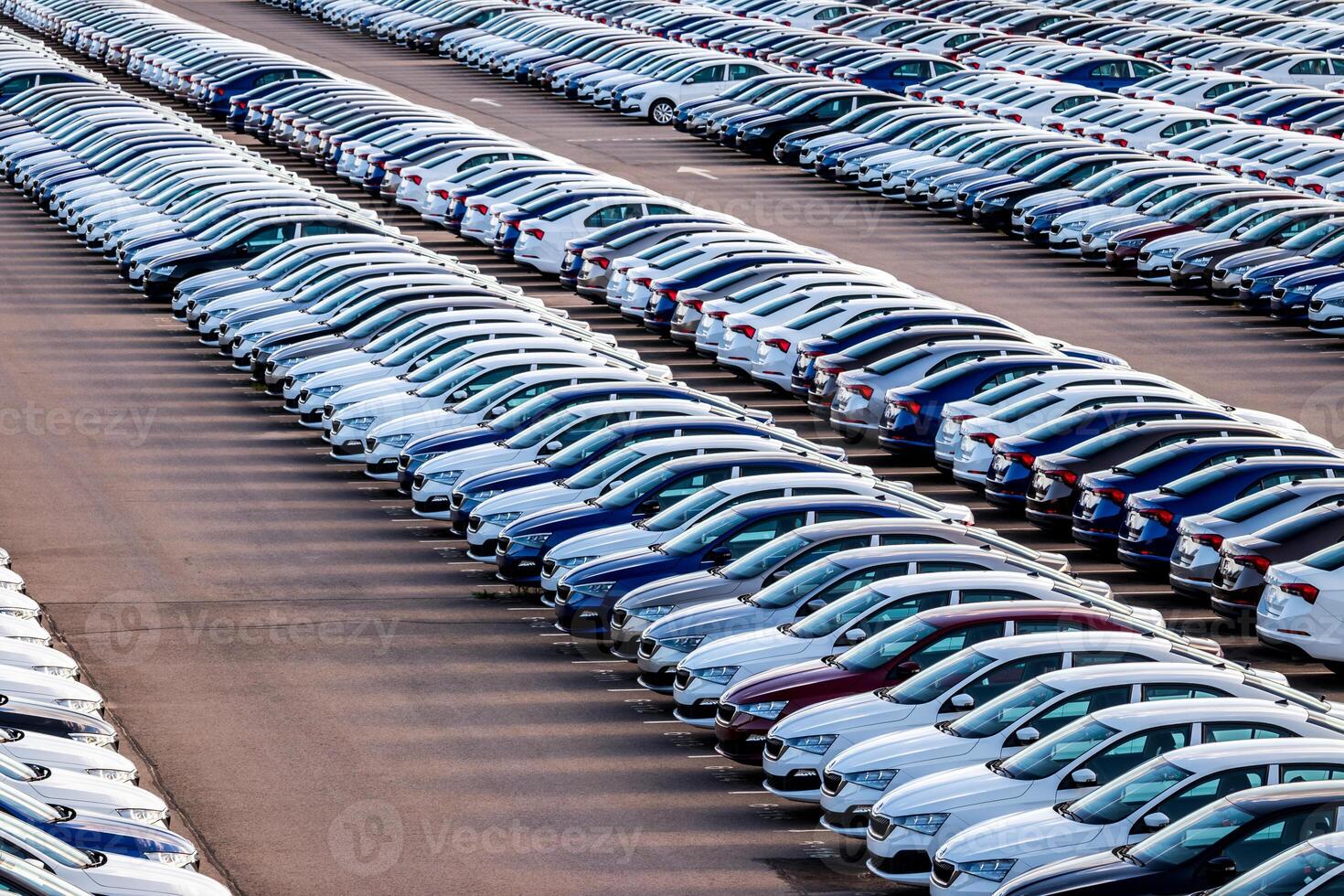 Rows of a new cars parked in a distribution center on a car factory on a sunny day. Parking in the open air. photo