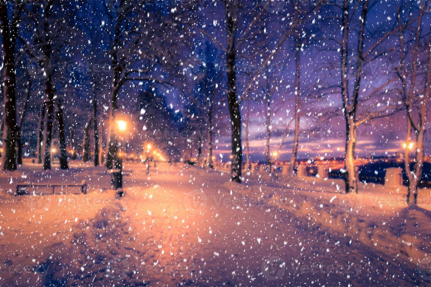 Blured photo of a winter night park with lanterns, pavement and trees covered with snow in snowfall.
