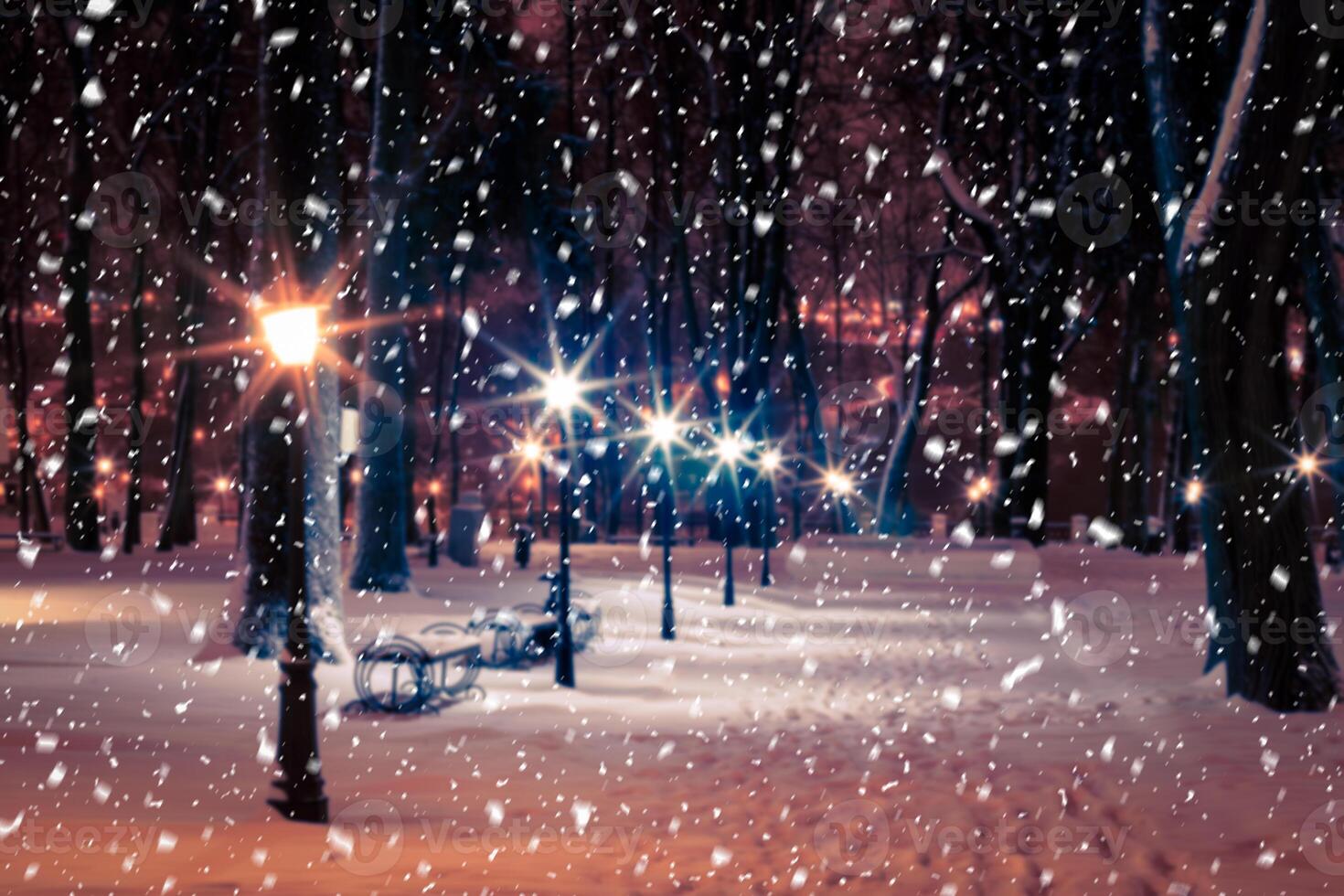 Blured photo of a winter night park with lanterns, pavement and trees covered with snow in snowfall.