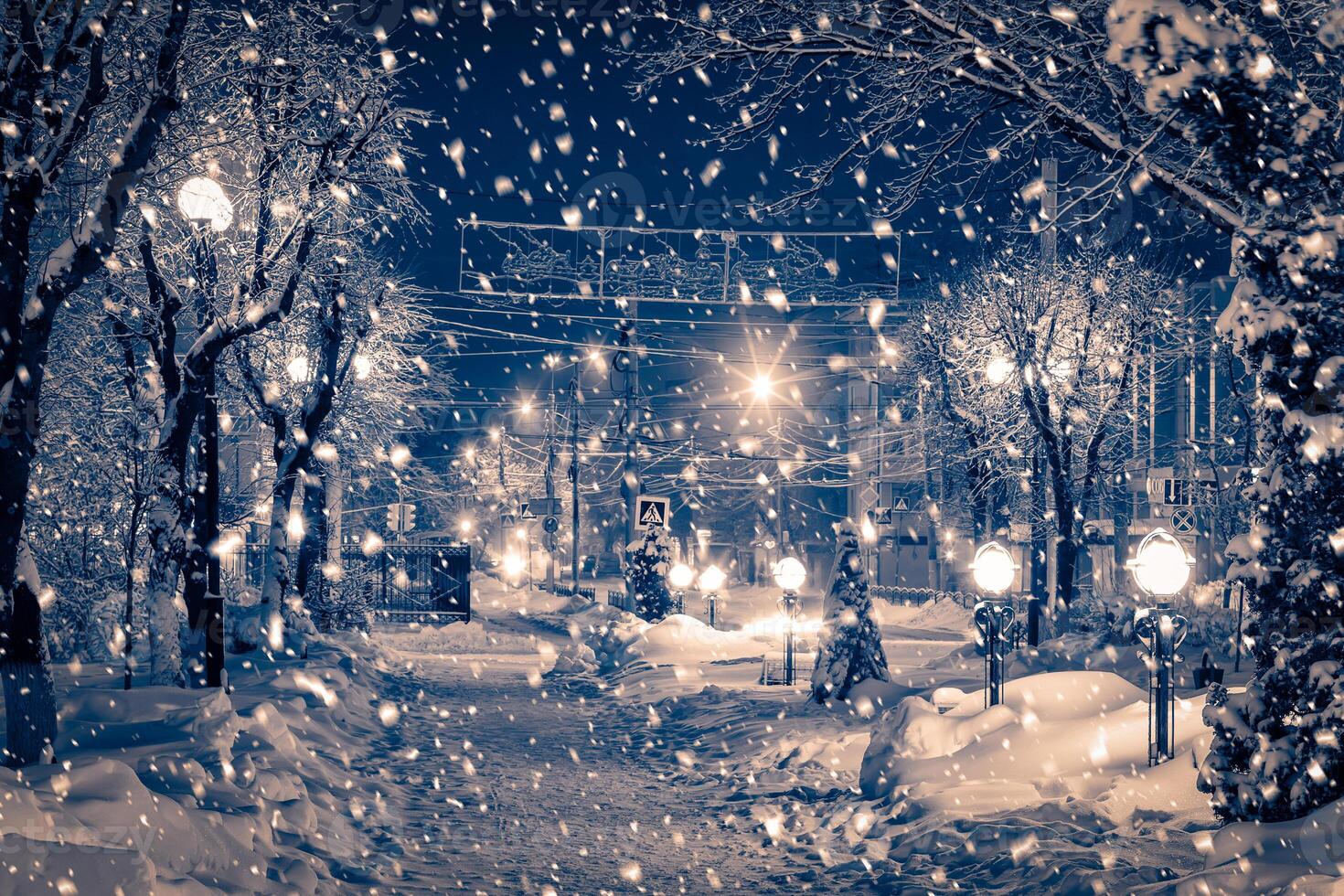 Winter night park with lanterns, pavement and trees covered with snow in snowfall. photo