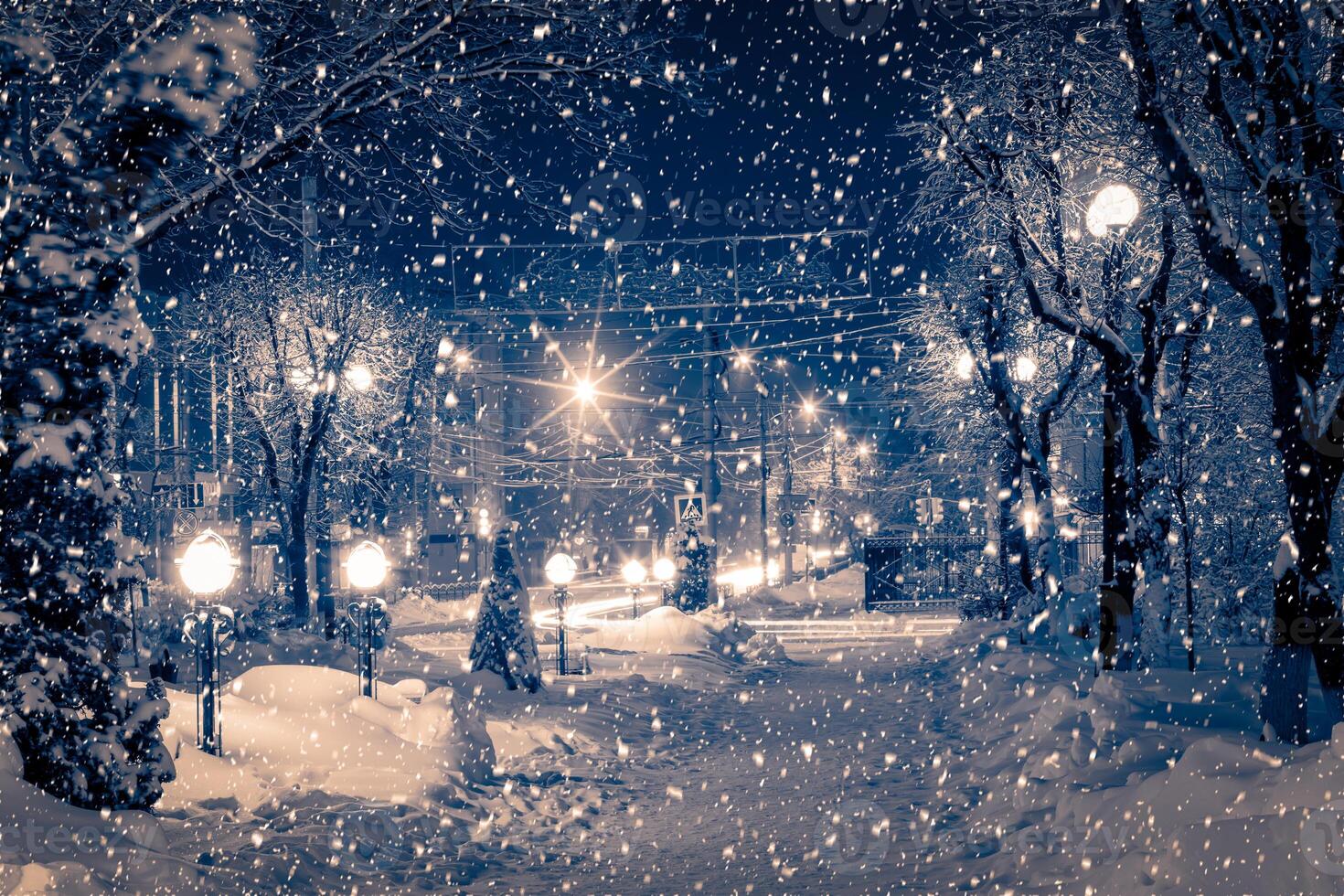 Winter night park with lanterns, pavement and trees covered with snow in snowfall. photo