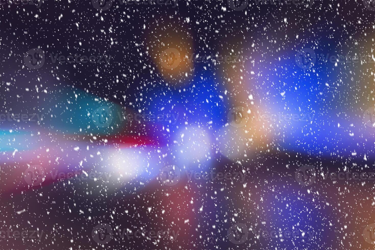 Blurred lights of headlights of cars and lanterns in the night city in a snowfall. Abstract bokeh. photo