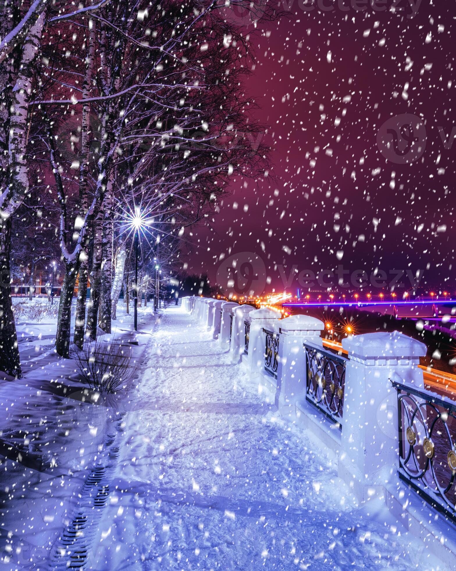 Snowfall in a winter night park with lanterns, view to road