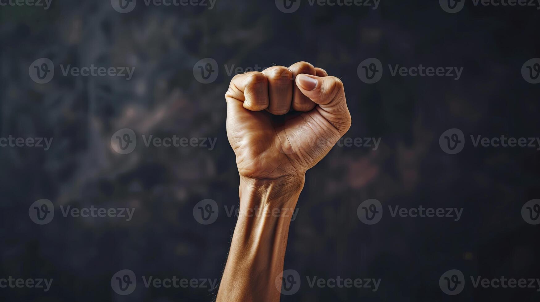 Realistic image of triumphant right hand raised in victory against solid backdrop photo