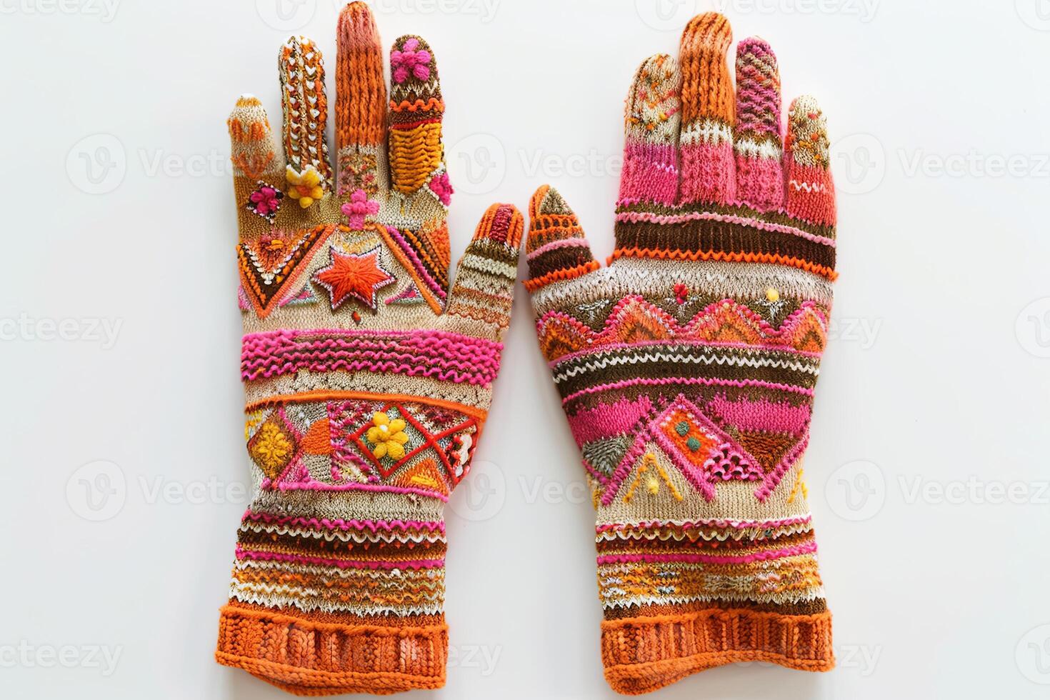 Woolen gloves featuring vibrant orange, pink, and cream stripes, showcasing a geometric pattern on a white background. photo