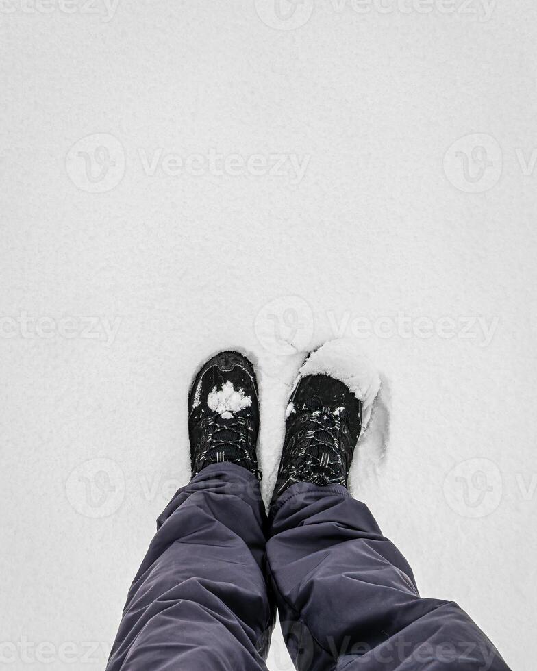 Legs in hiking boots for trekking in the snow. photo