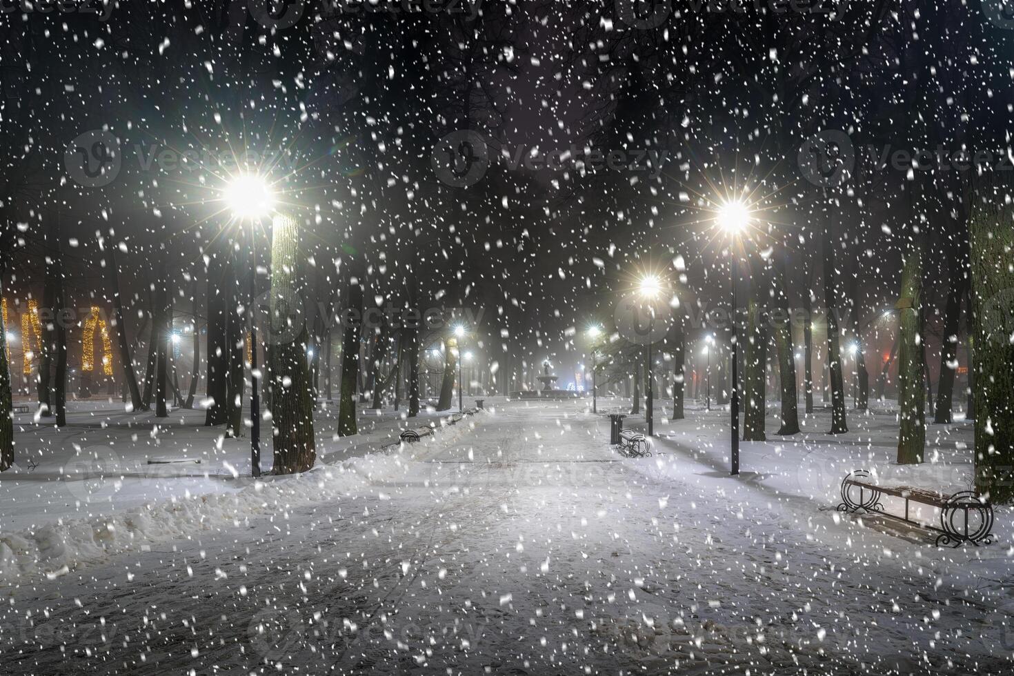Snowfall in a winter park at night with christmas decorations, lights, pavement covered with snow and trees. photo
