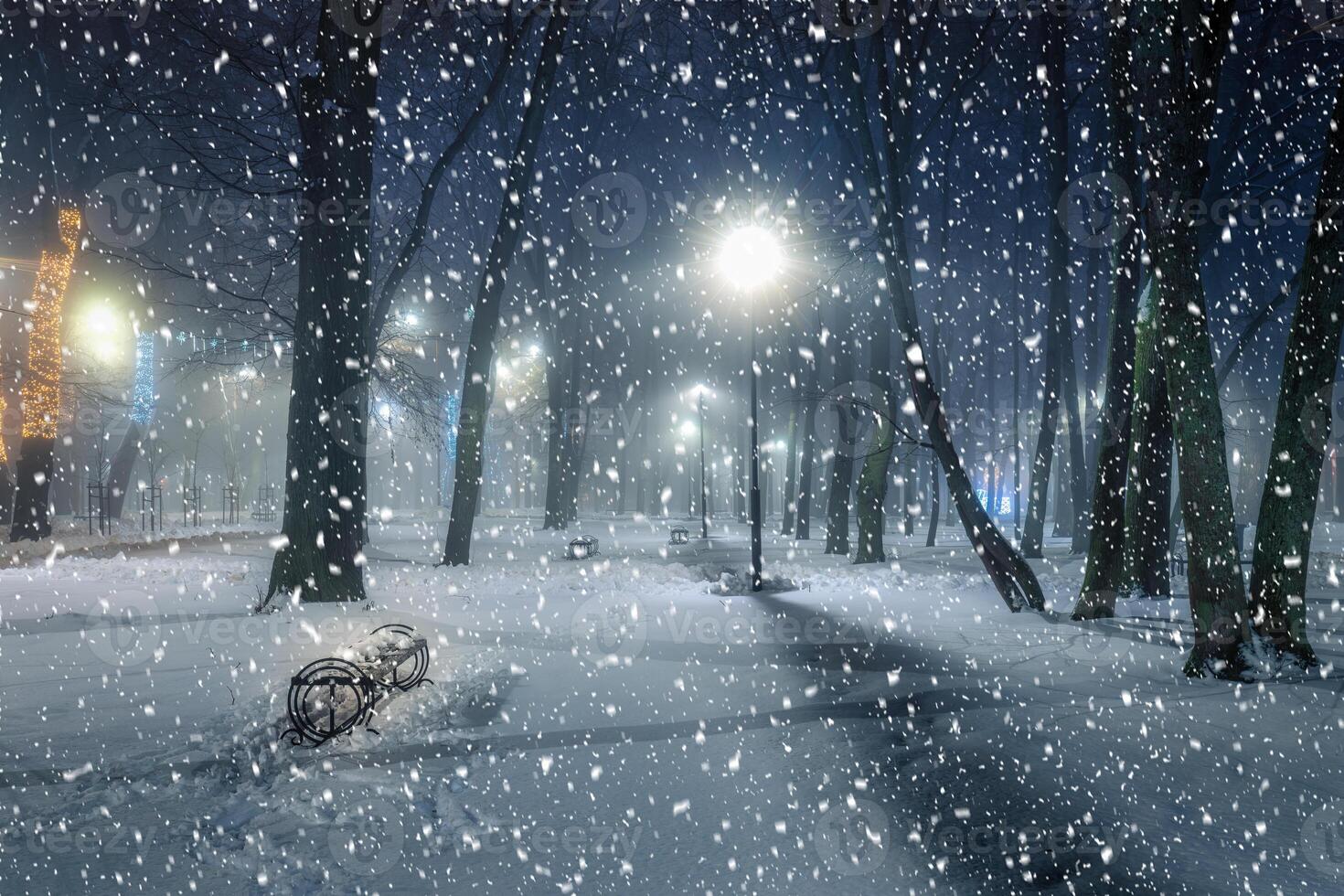 Snowfall in a winter park at night with christmas decorations, lights, pavement covered with snow and trees. photo