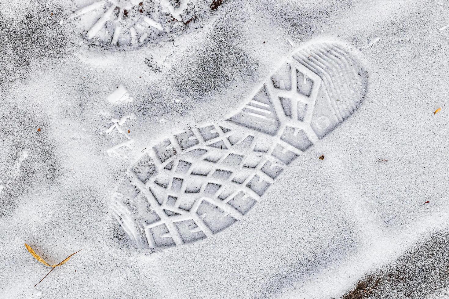 Boot track on thin first snow in winter. photo