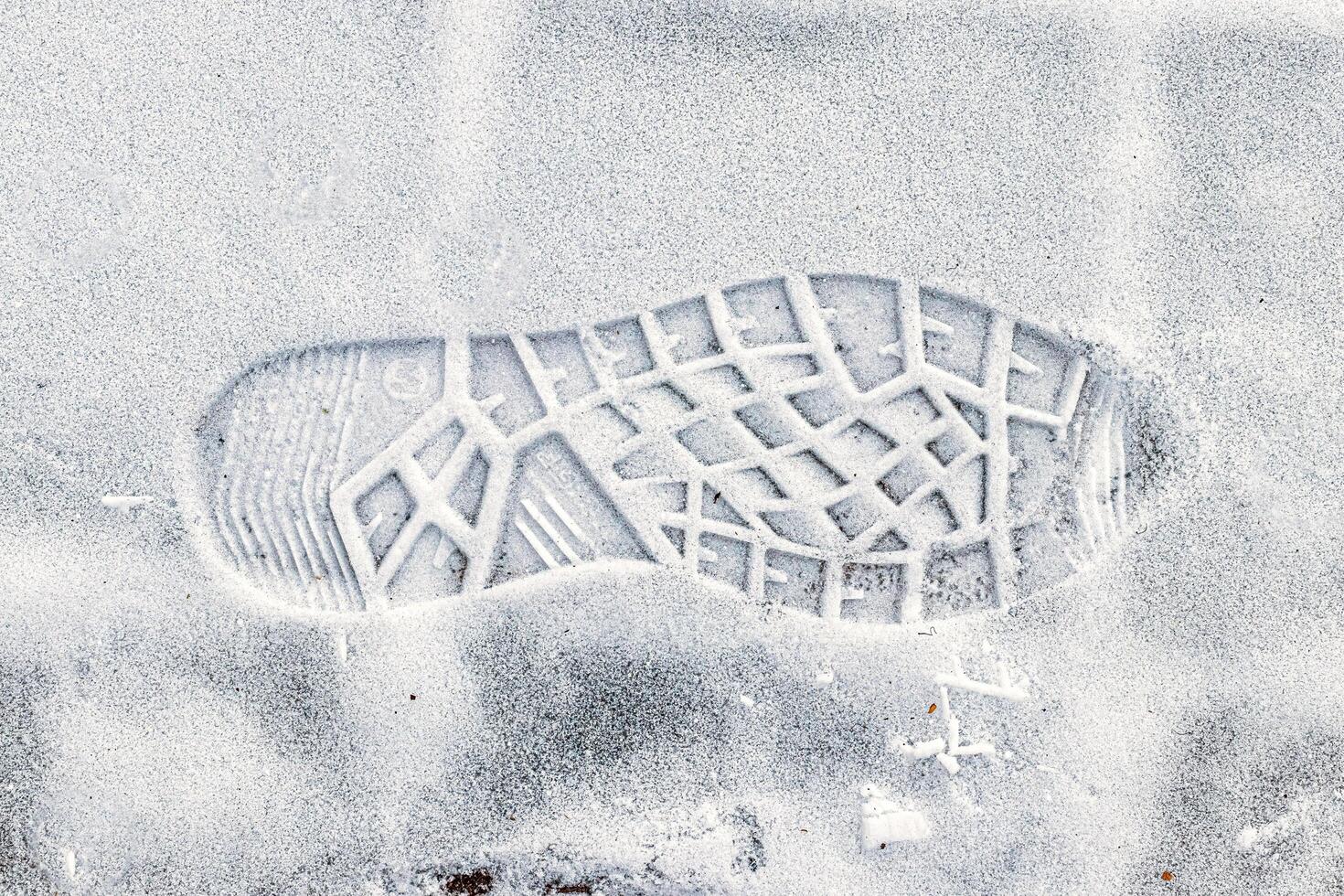 Boot track on thin first snow in winter. photo