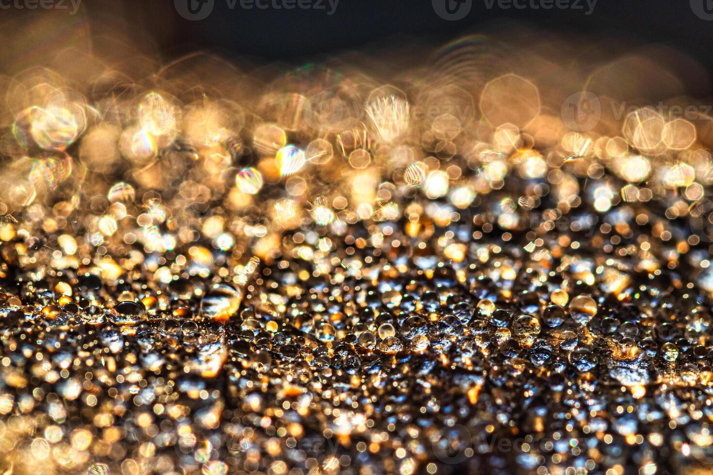 Dew drops on an autumn fallen leaf, shimmering in the sun, shot in close-up with bokeh. Abstract macro background. photo
