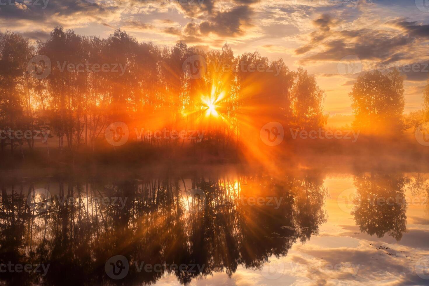 Misty sunrise on the pond in the autumn morning. Trees with rays of the sun cutting through the branches, reflected in the water. photo