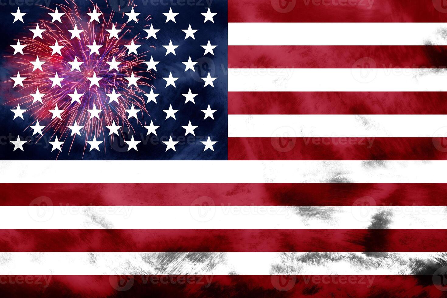Concept of celebrating Independence Day in United States of America. USA national flag with fireworks backdrop for 4th of July. photo