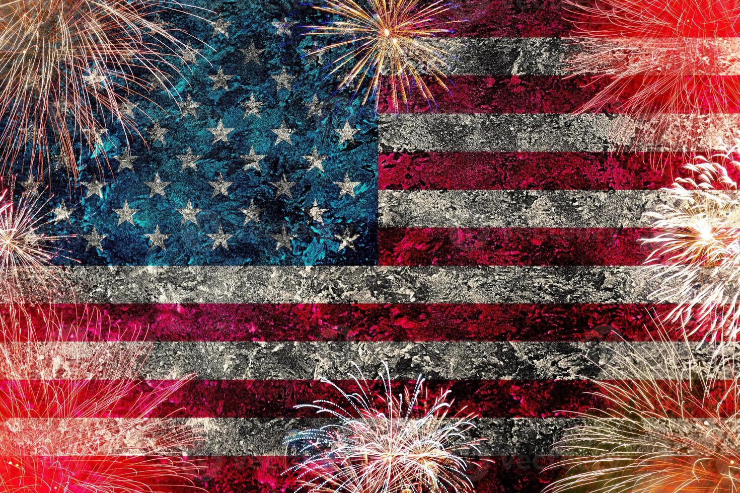 Concept of celebrating Independence Day in United States of America. USA national flag with fireworks backdrop for 4th of July. photo