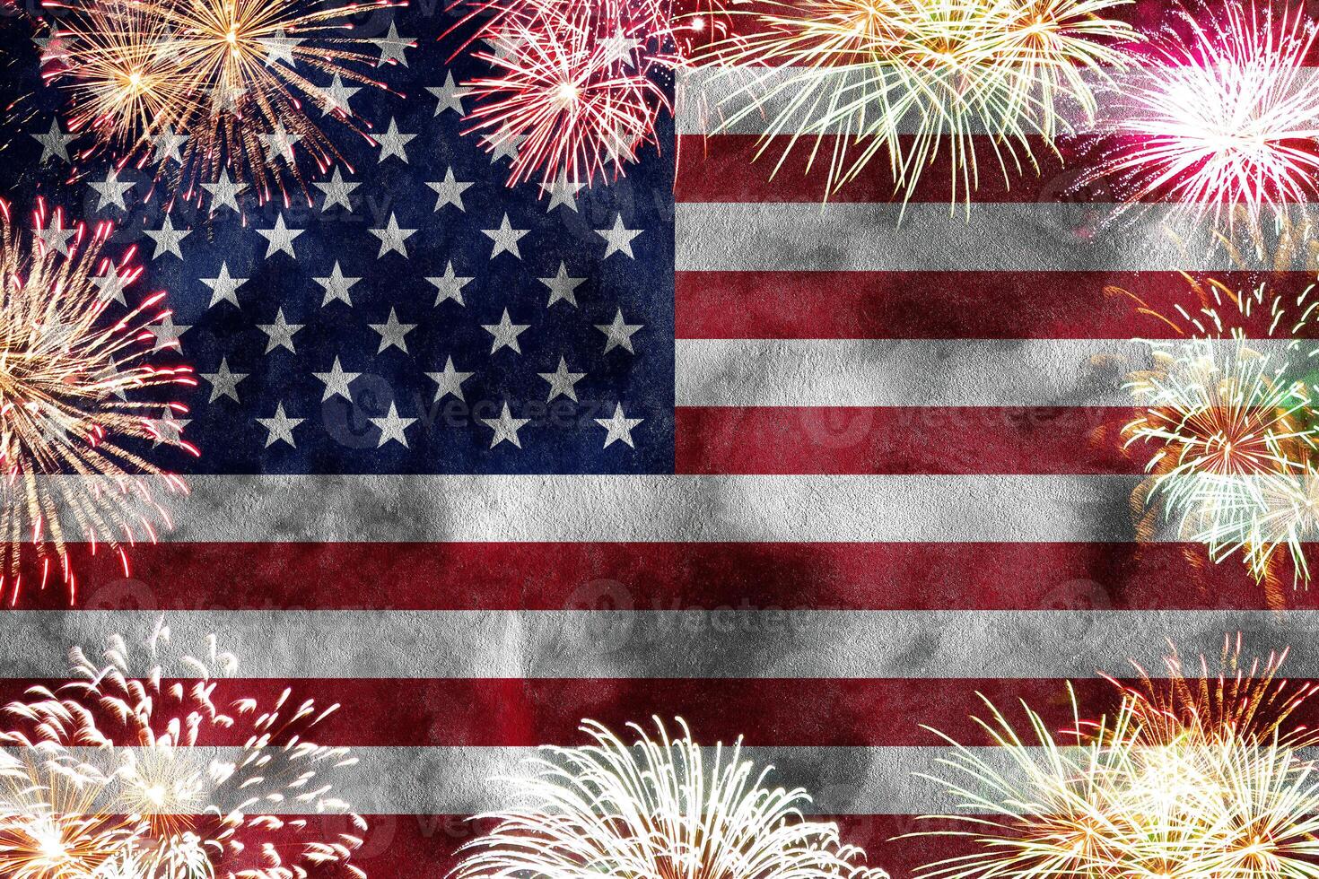 Concept of celebrating Independence Day in United States of America. USA national flag with fireworks backdrop for 4th of July. photo