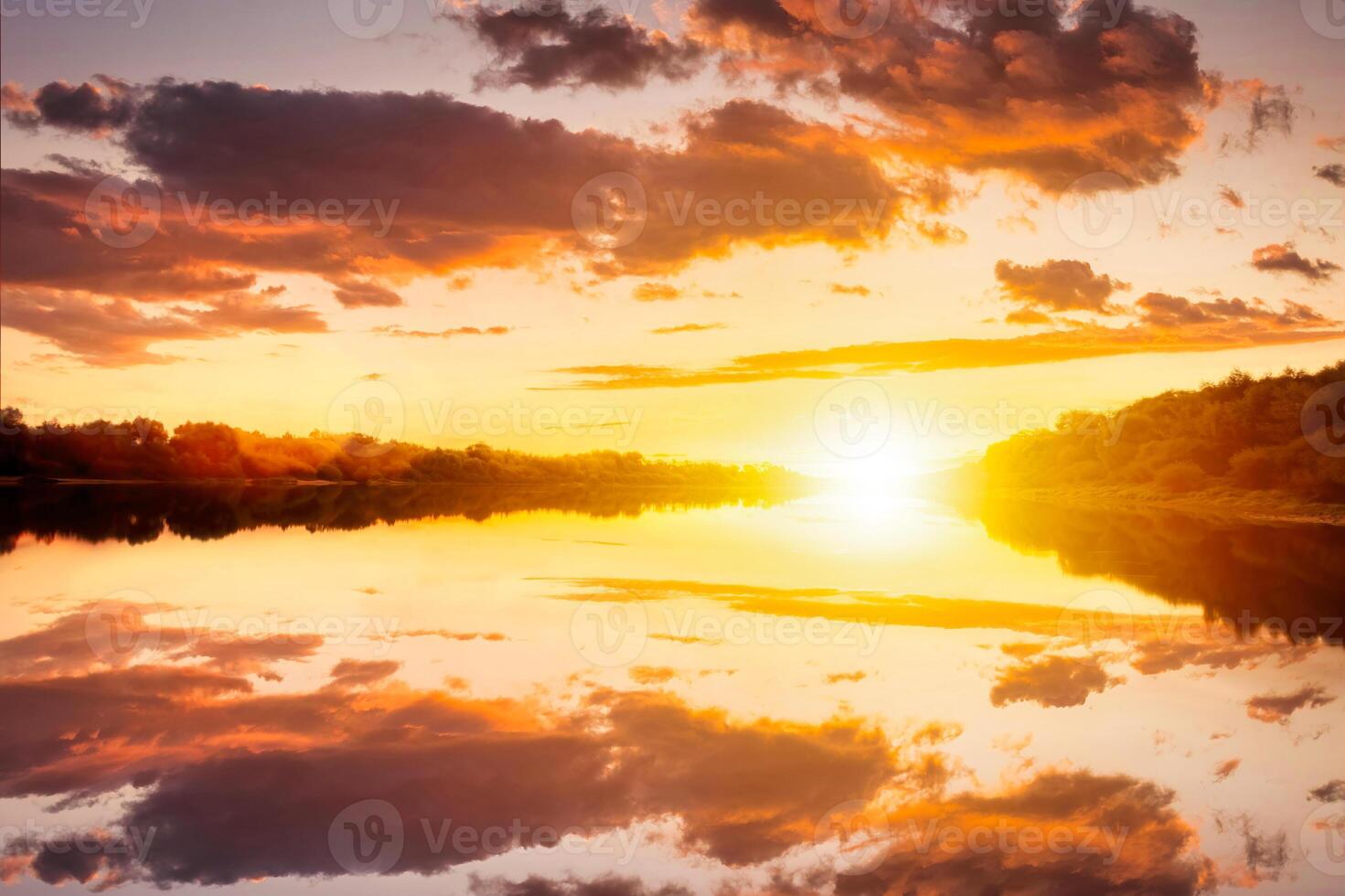 Sunset on the river at summer evening with clouds and trees. Water reflection of a sky. photo