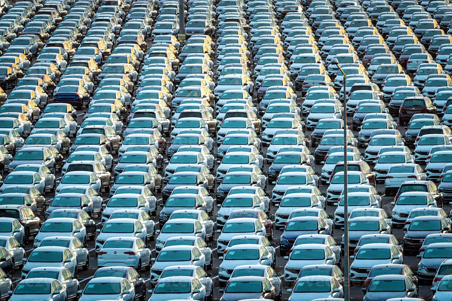 Volkswagen Group Rus, Russia, Kaluga - MAY 25, 2020 Rows of a new cars parked in a distribution center on a sunny morning in the autumn. photo
