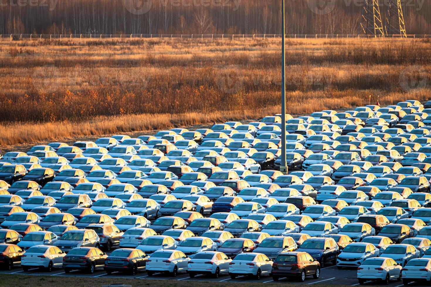 Volkswagen Group Rus, Russia, Kaluga - MAY 25, 2020 Rows of a new cars parked in a distribution center on a sunny morning in the autumn. photo