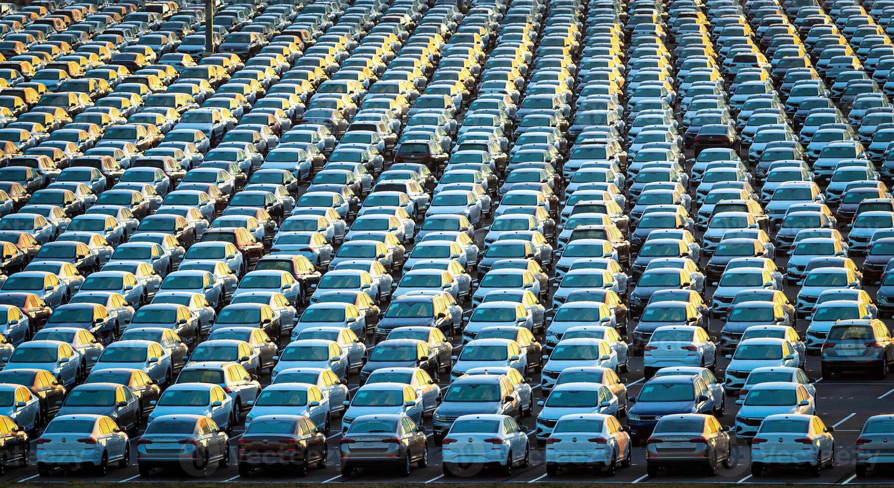 Volkswagen Group Rus, Russia, Kaluga - MAY 25, 2020 Rows of a new cars parked in a distribution center on a sunny morning in the autumn. photo