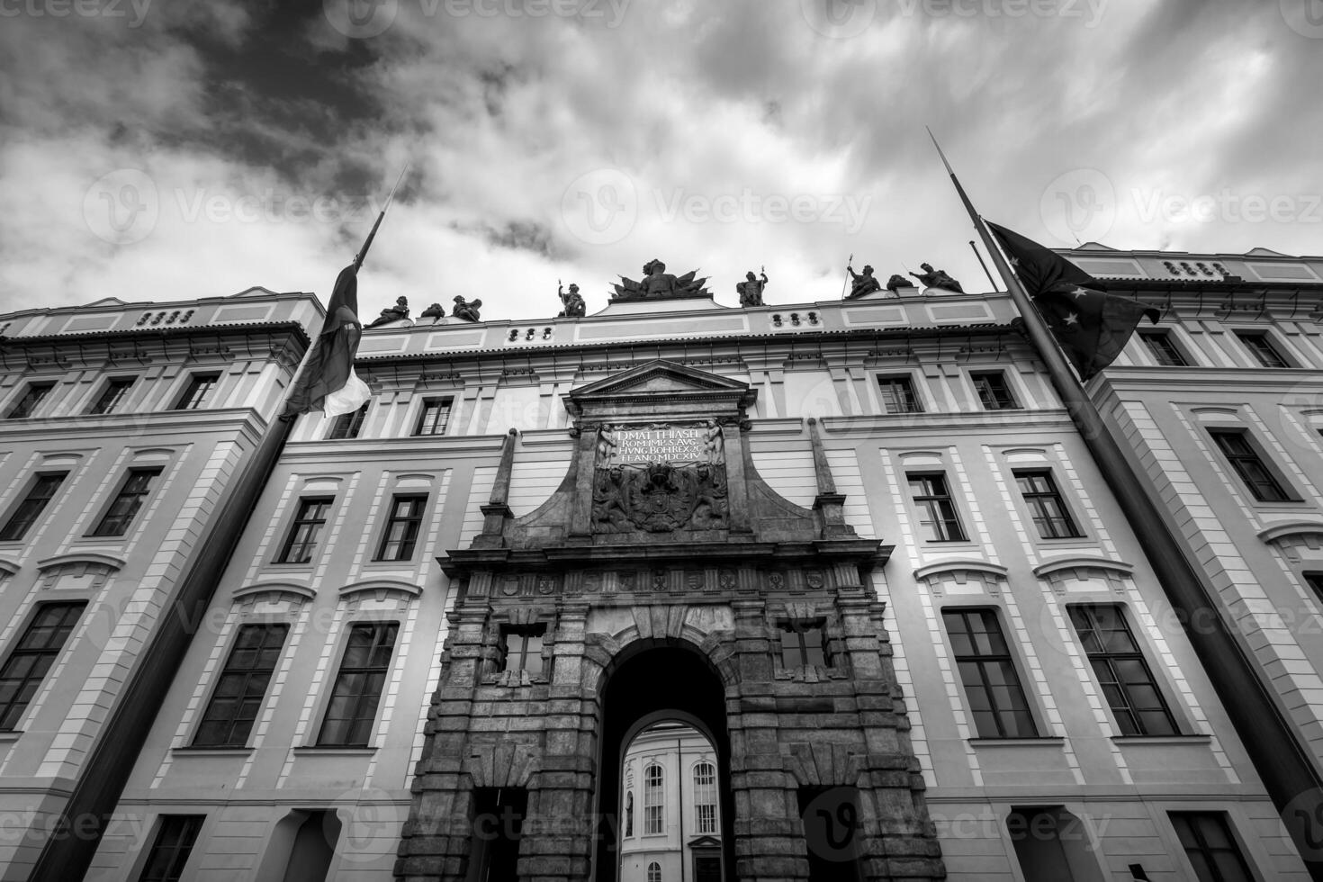 Old Royal palace, famouse tourist place of Prague. The residence of the Czech President. Black and white photo. photo
