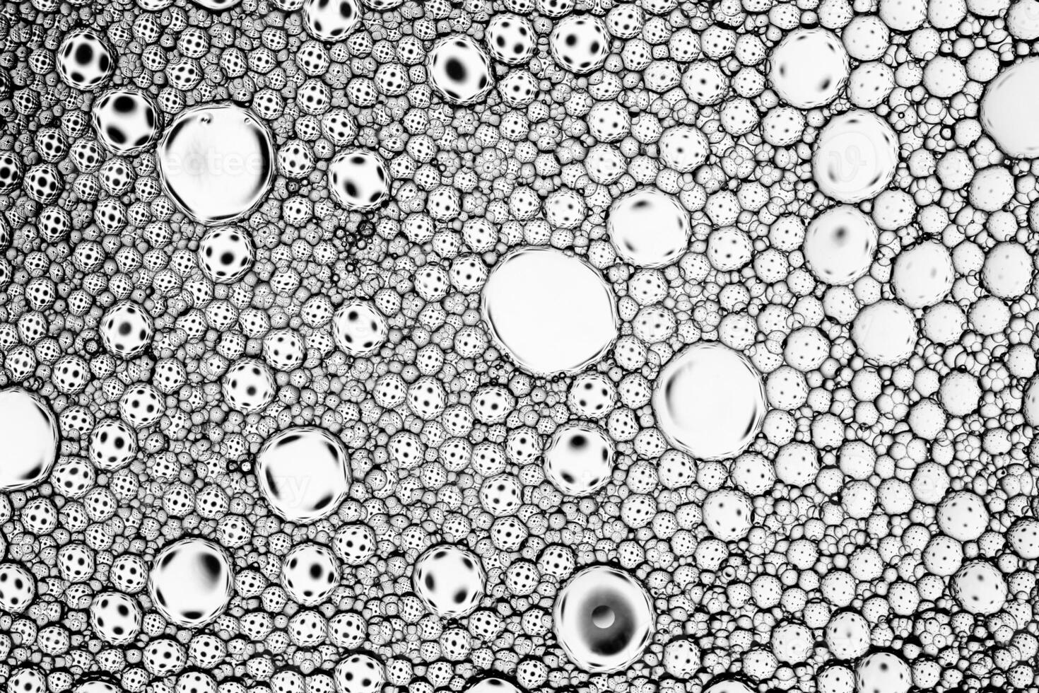 Black and white drops of oil on the water. Circles and ovals. Abstract background for design. photo