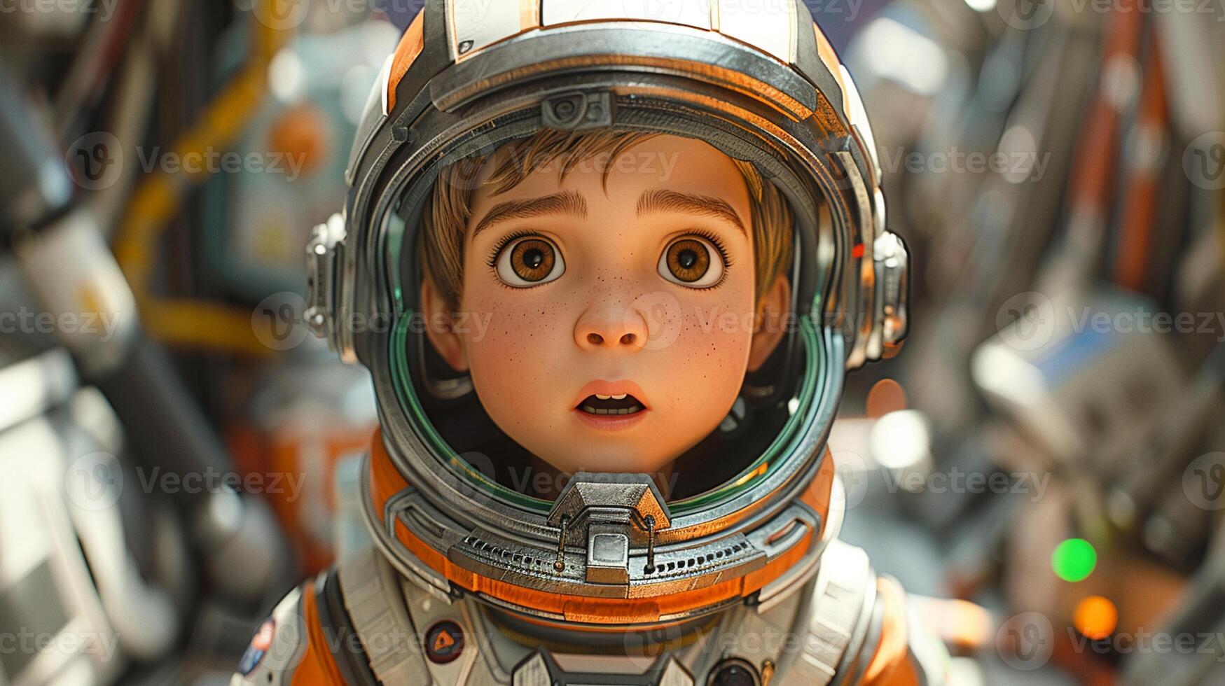 A 3D cartoon character in a space adventure scene. photo