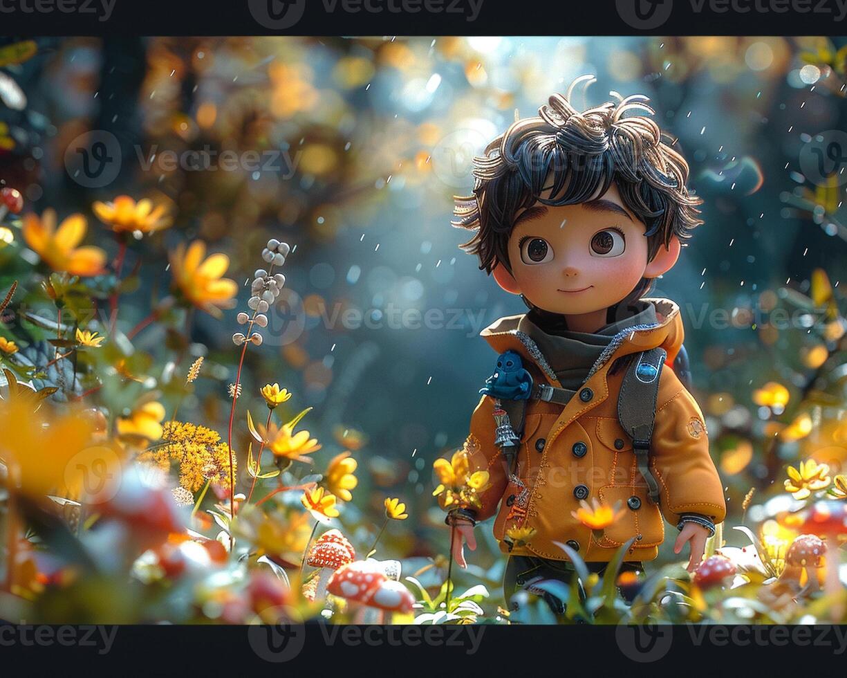 A 3D cartoon character in a magical forest scene. photo