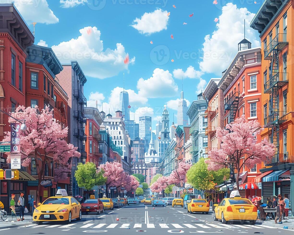 A 3D cartoon scene with a bustling city street. photo