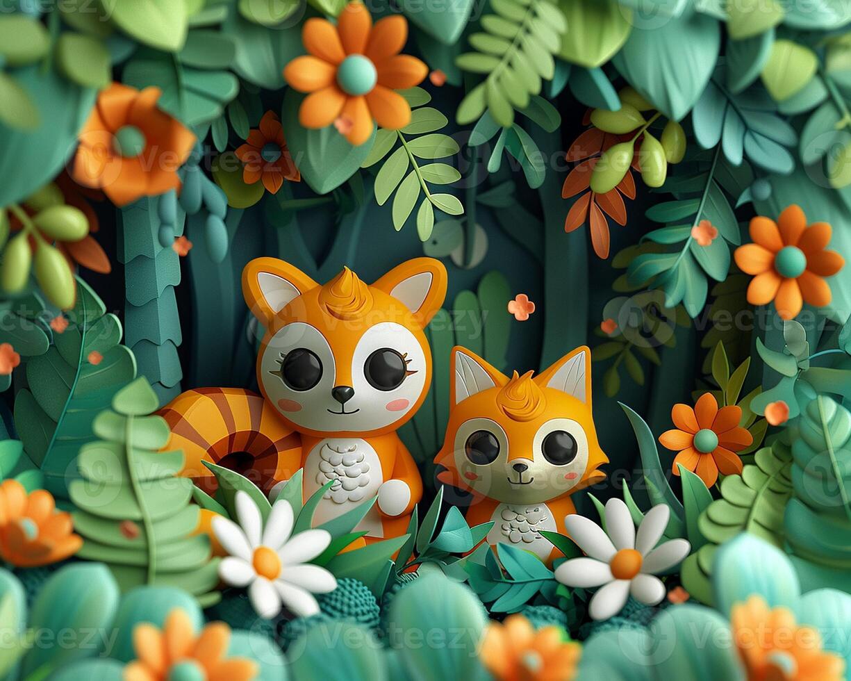 A 3D cartoon scene with animals in a forest photo
