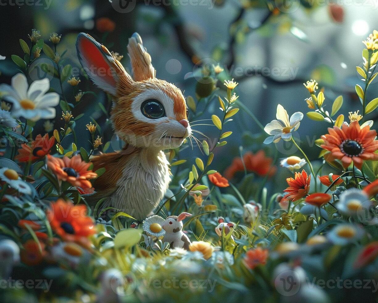 A 3D cartoon scene with animals in a forest photo