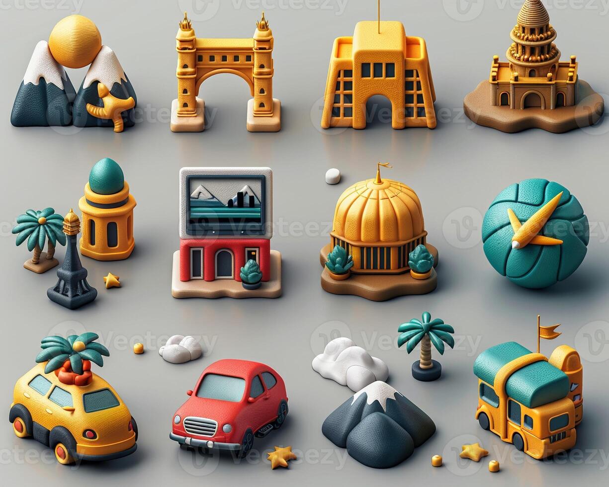 A 3D icon set for a travel booking application. photo