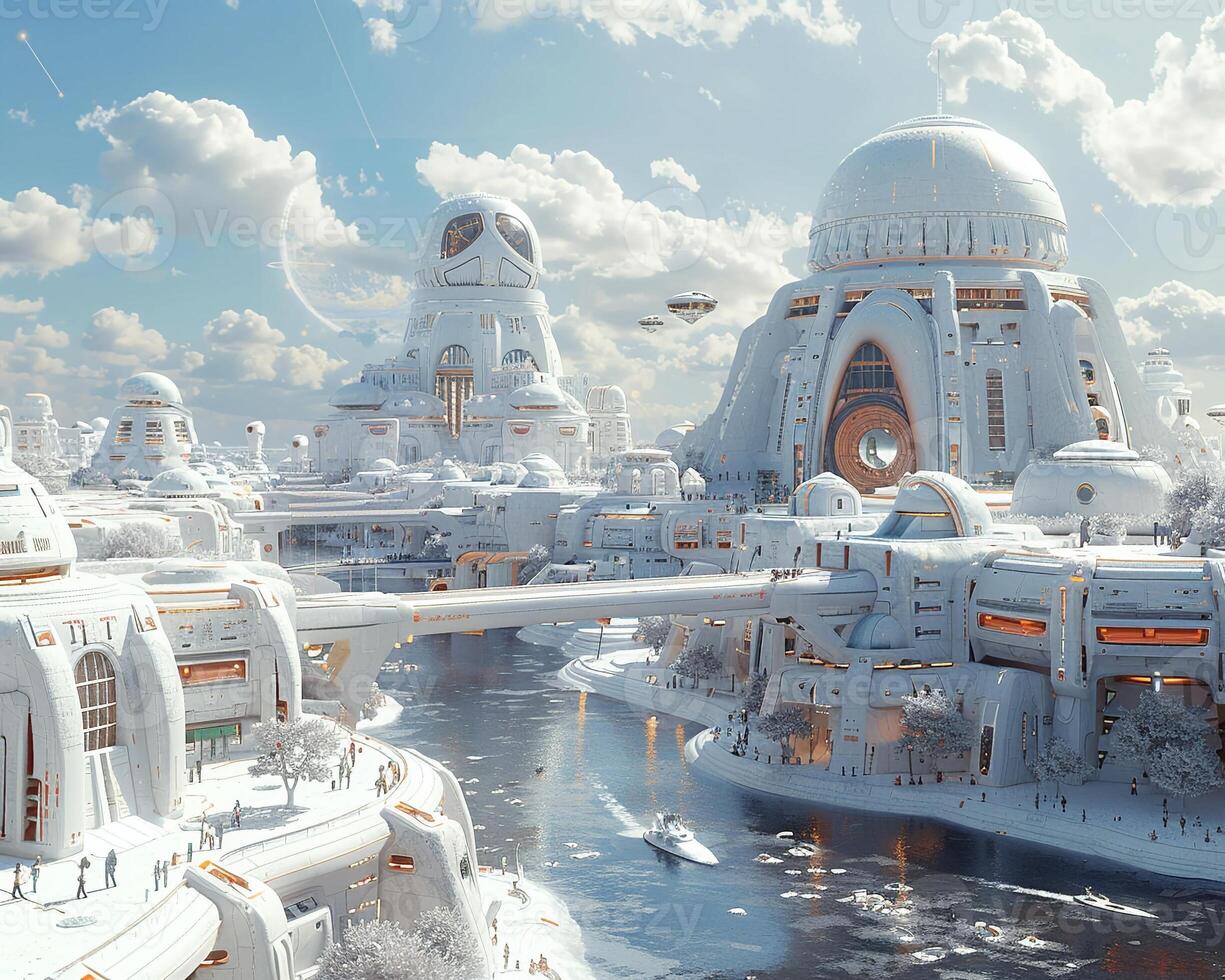 A 3D realistic rendering of a futuristic cityscape photo