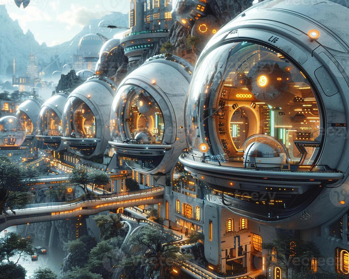 A 3D realistic rendering of a futuristic cityscape photo